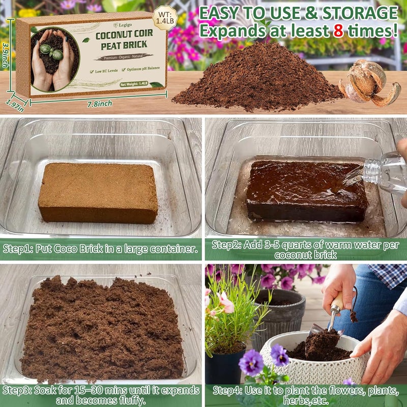 Legigo 2 Pack Premium Coco Coir Brick for Plants- 100% Organic Compressed Coconut Coir Bricks Starting Mix, Coco Coir Fiber Coconut Husk for Planting, Gardening, Potting Soil Substrate, Herbs - Image 4